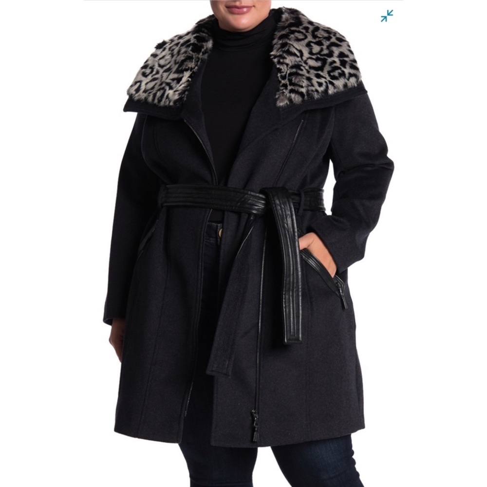 Via Spiga Faux Leopard Asymmetrical Belted Coat